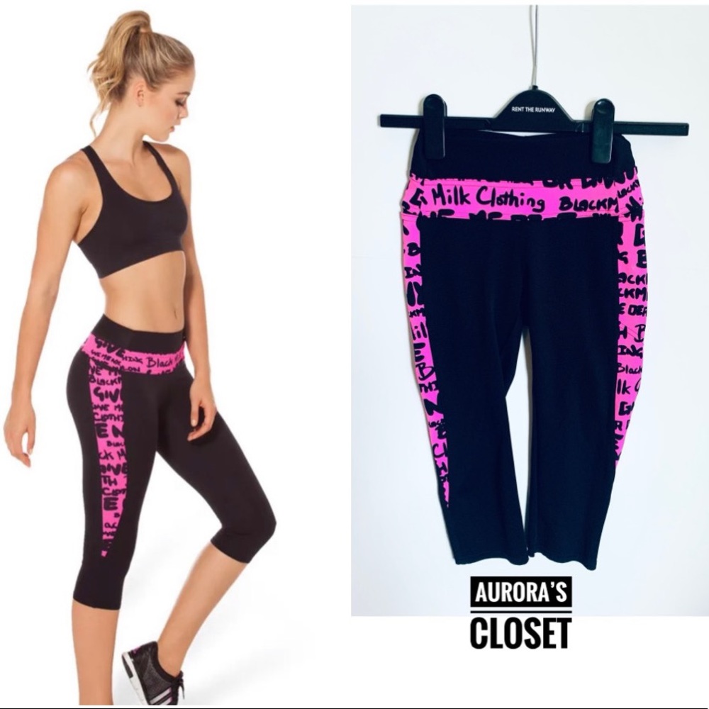BlackMilk S Black Neon Pink Capri High Rise Combat Pants  Graffiti